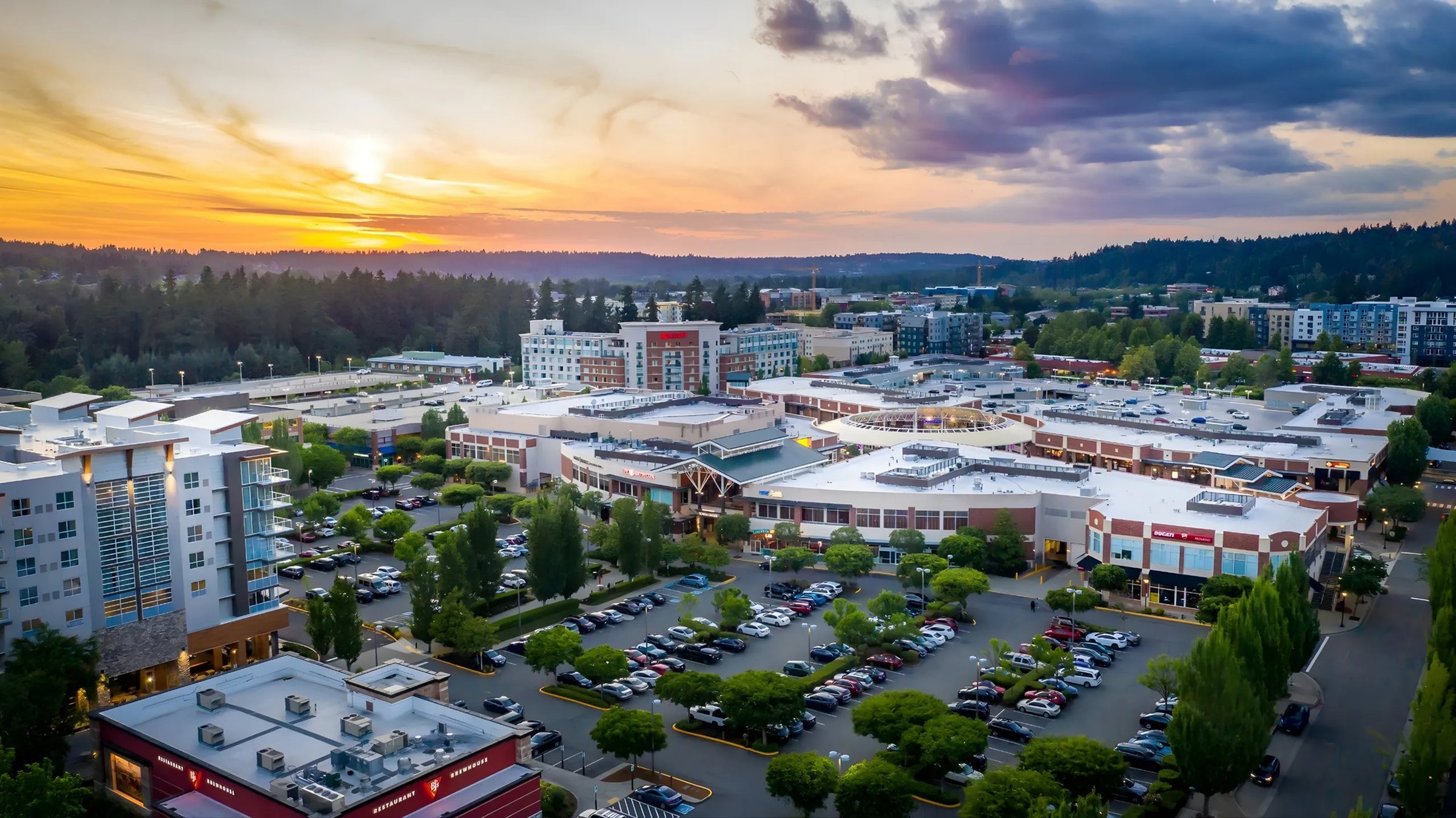 Aerial view of Redmond at sunset