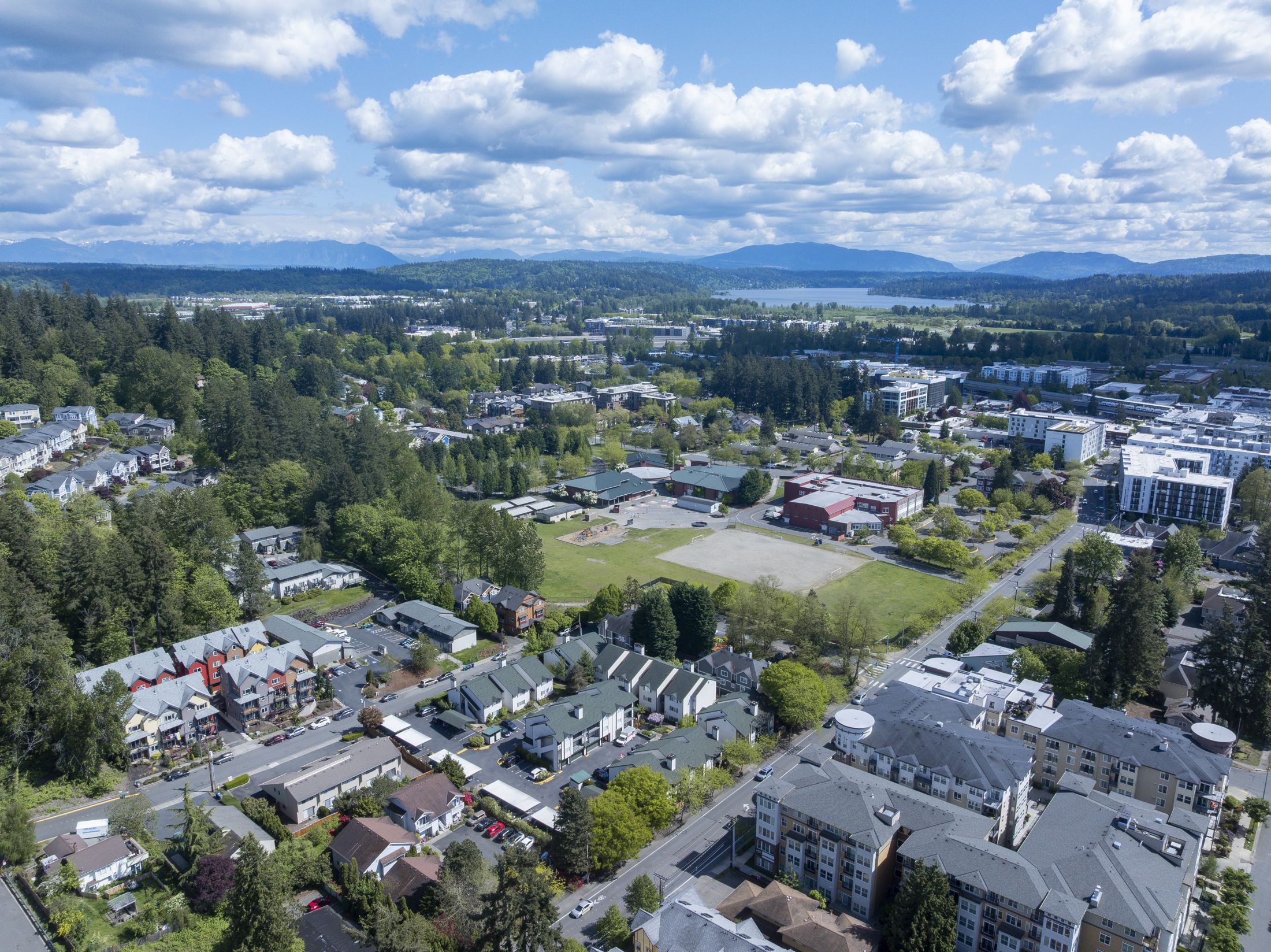 Aerial view of Redmond toward the mountains