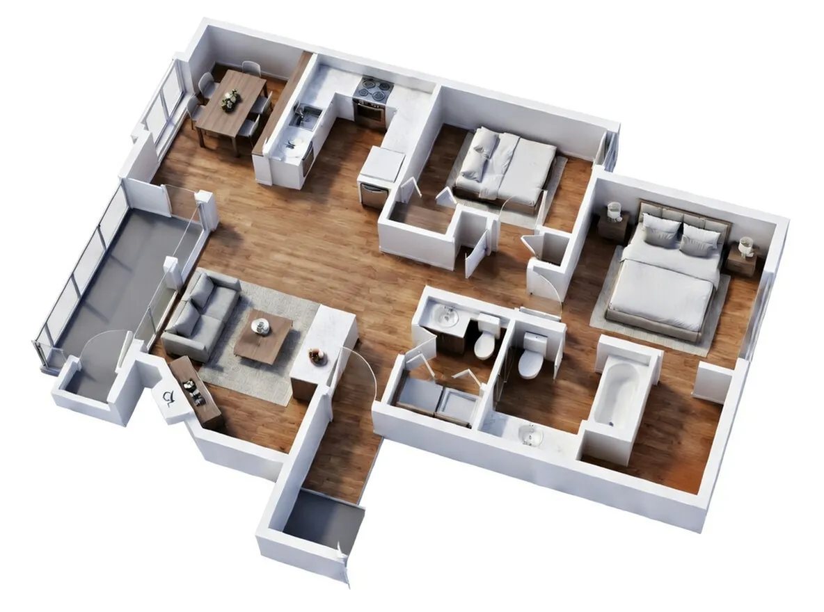 Two bedroom, 1.5 bath floor plan, 1,050 sq ft