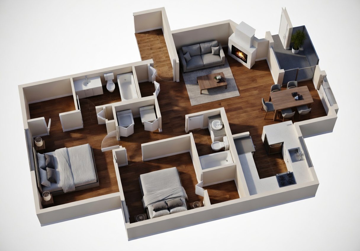 Two bedroom, 2 bath floor plan, 1,100 sq ft
