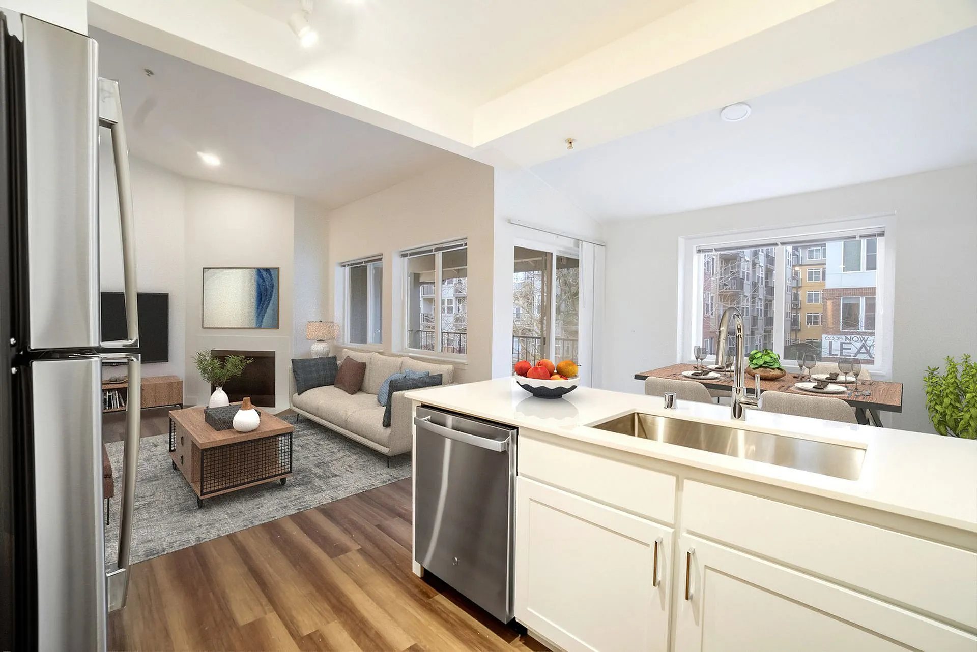 Open living area and kitchen
